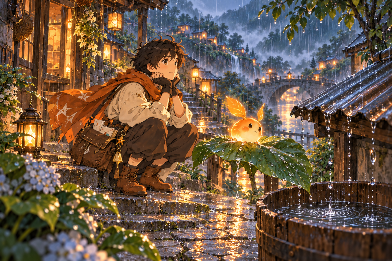 阿澄和橙芽在雨中的小镇聆听雨滴落在树叶与木桶上的声音